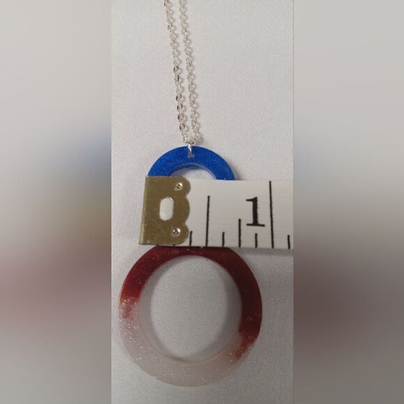 CLEARANCE  Red, white blue resin 2 circles resin necklace with 11 inch chain - Picture 3 of 5